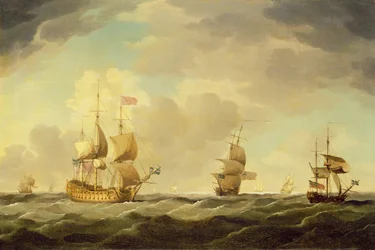 Et engelsk flagskib under let sejl i en moderat brise, ca. 1750